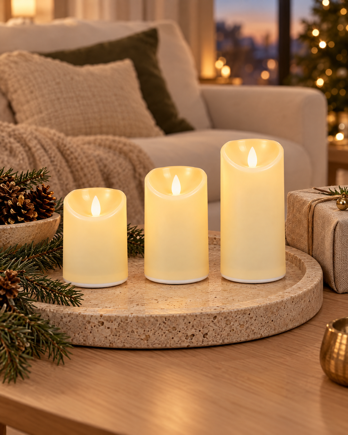 Rechargeable moving-wick LED candles on a travertine tray
