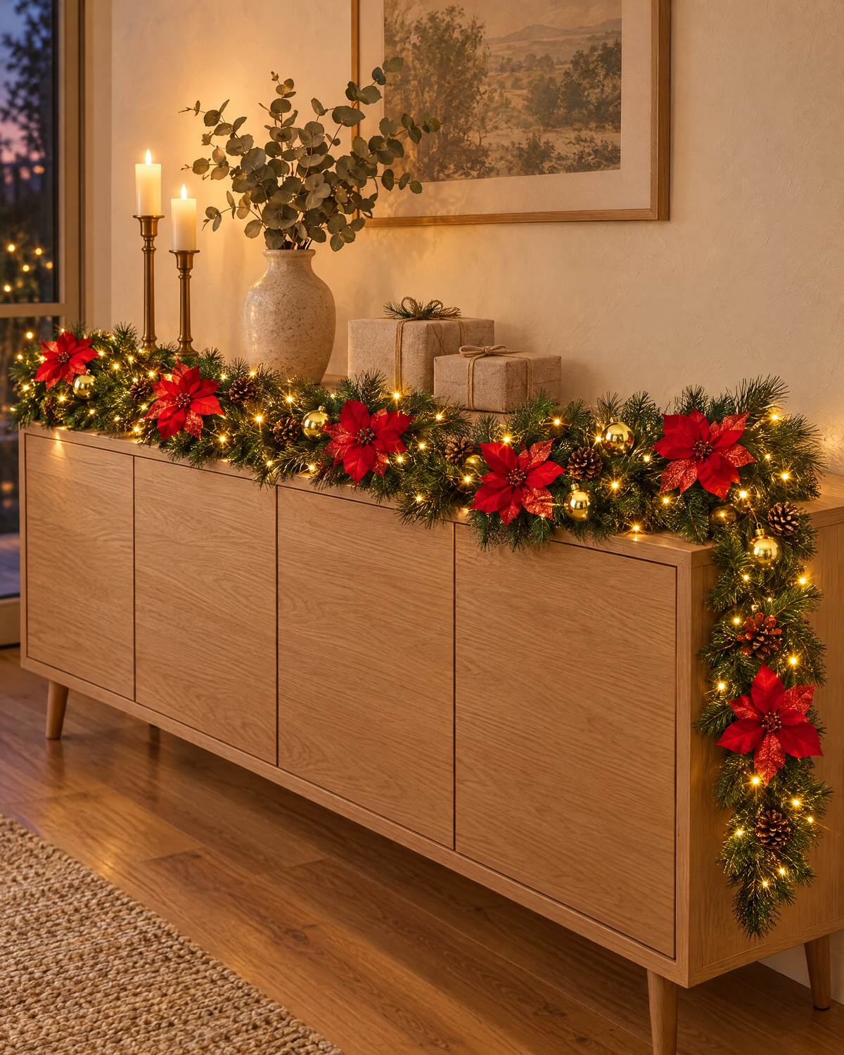 Pre-lit poinsettia garland along an oak sideboard