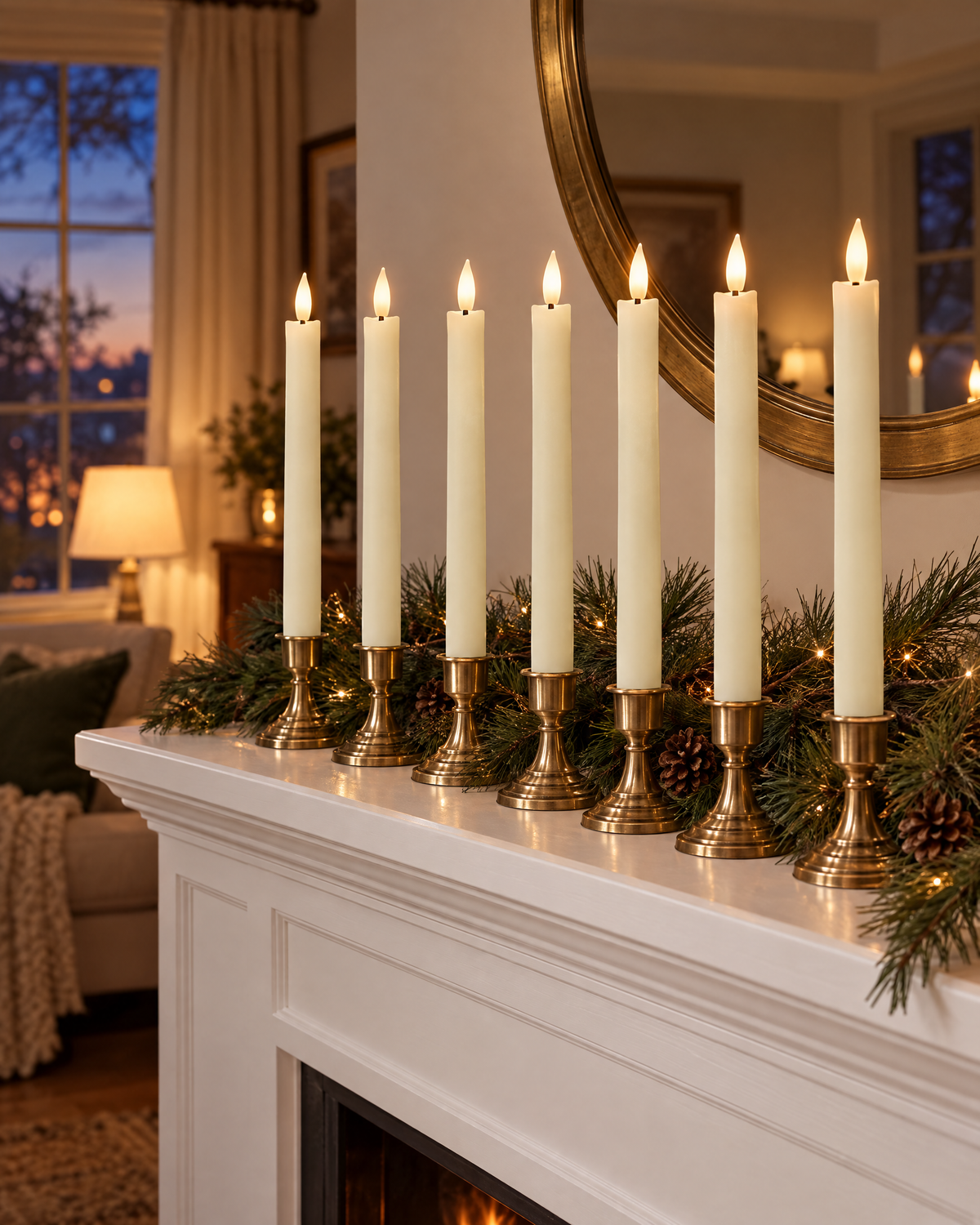 Row of flameless taper candles on a mantel with pine garland