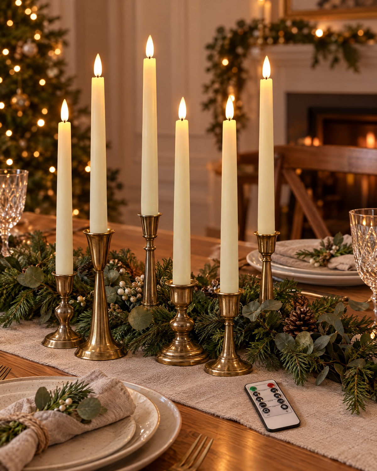 Ivory LED taper candles in brass holders on a Christmas dinner table