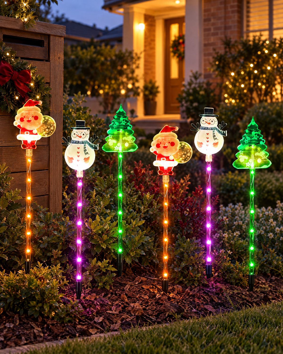 Santa, snowman and tree solar lights in a front garden bed