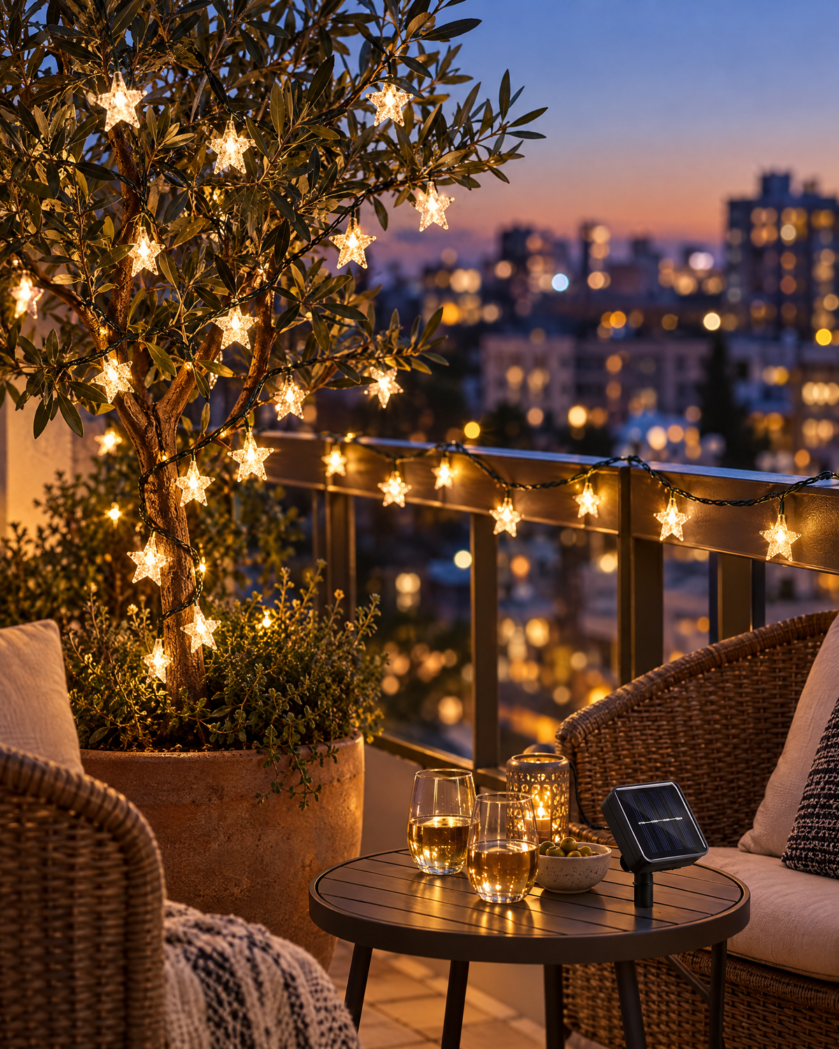 Solar star lights wrapped around an olive tree on a balcony