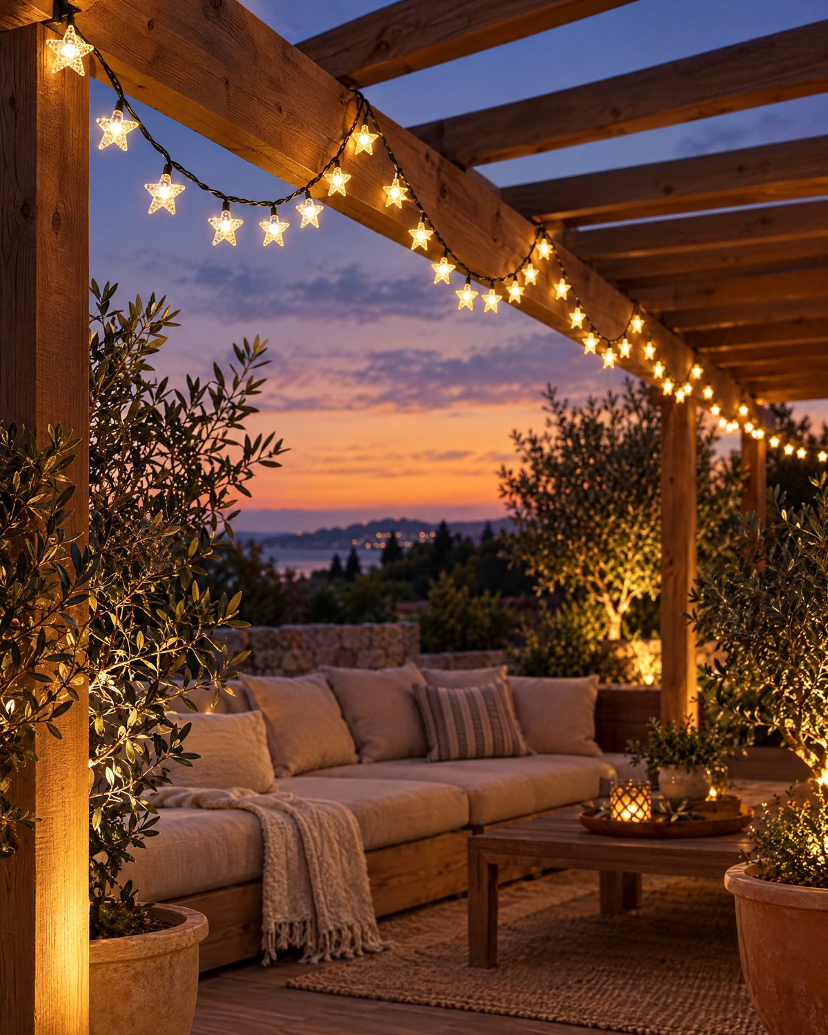 Solar star string lights along a pergola over an outdoor lounge
