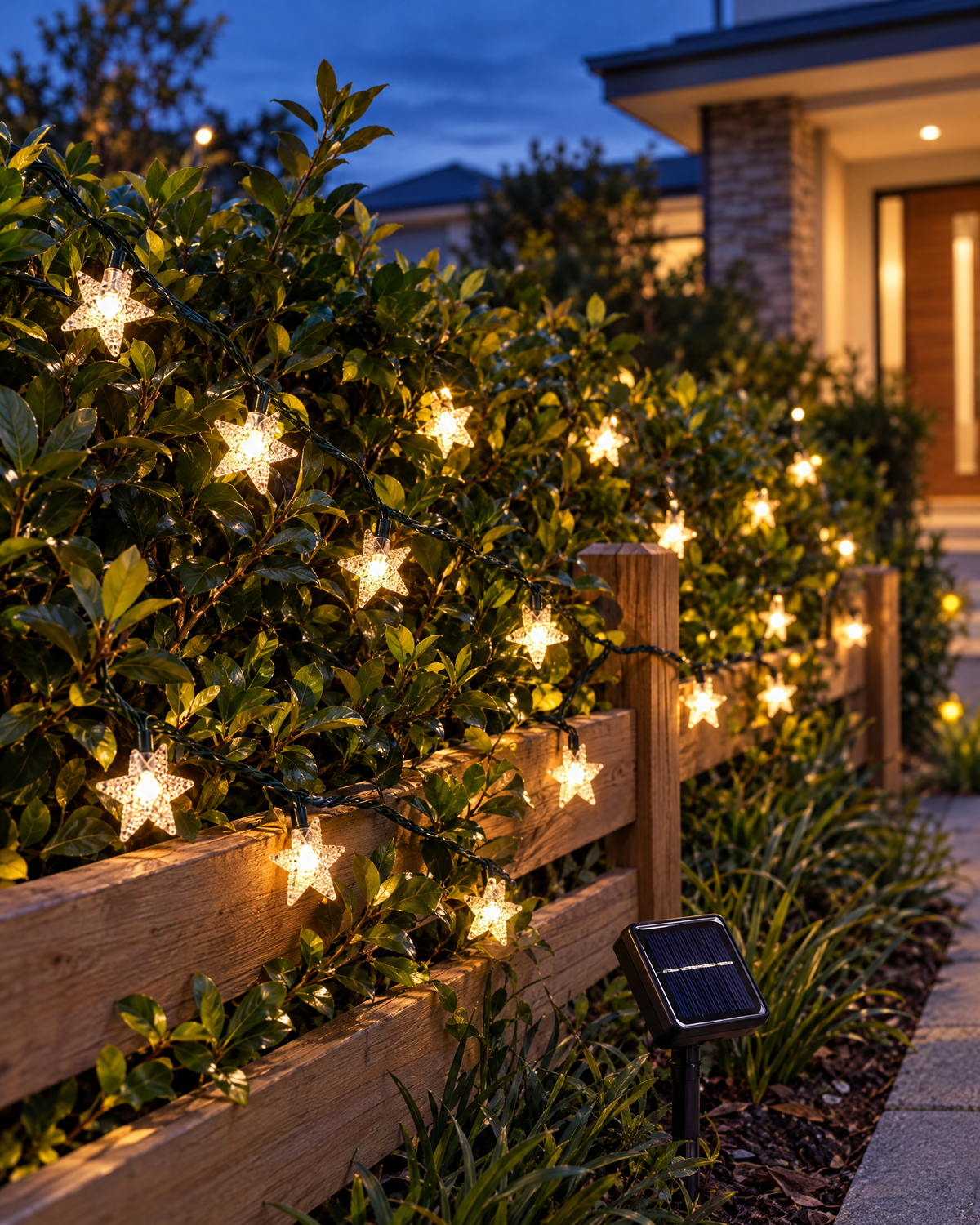 Solar star lights woven through a hedge and garden fence