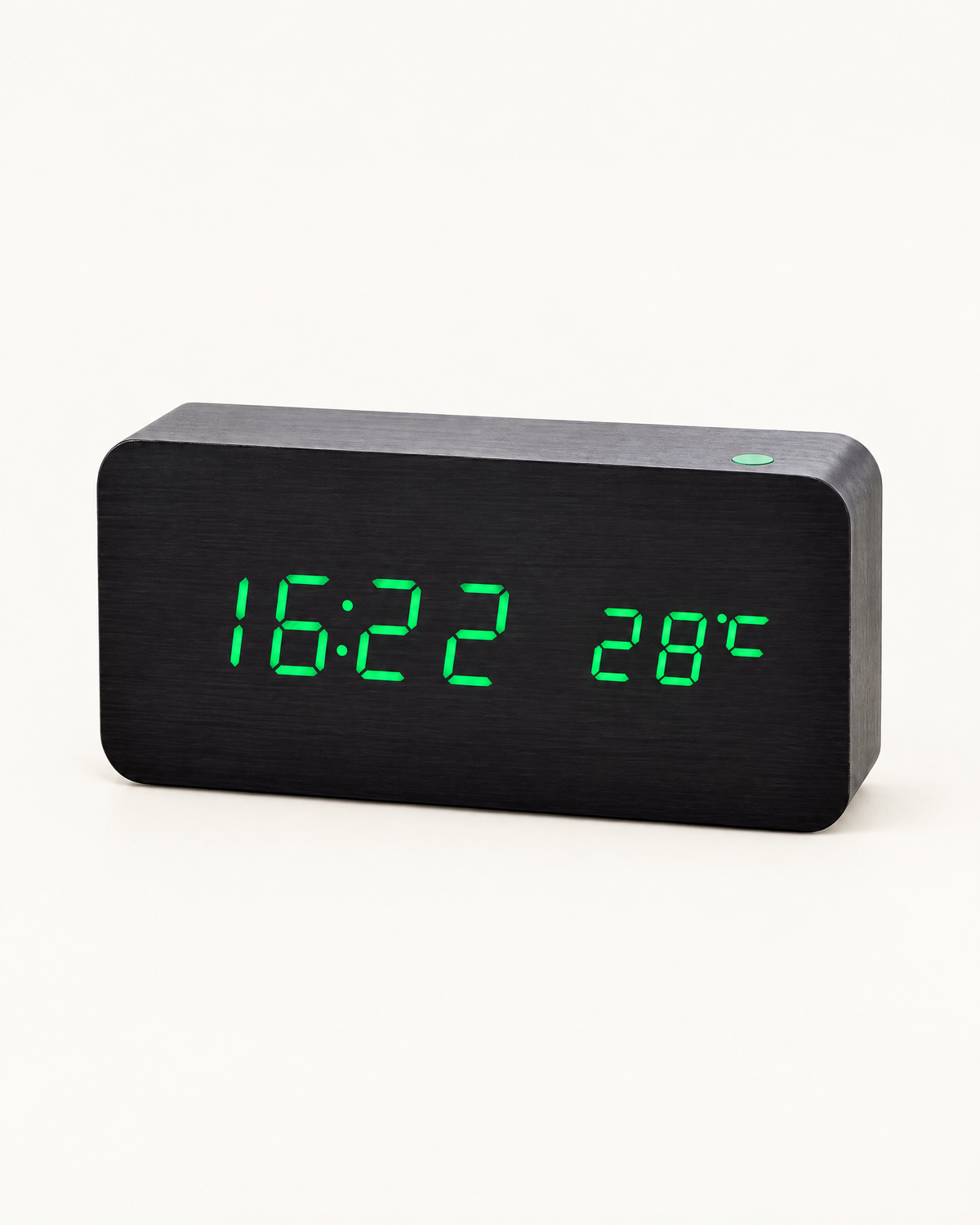 Wood-Look LED Alarm Clock — Black (green display), front view