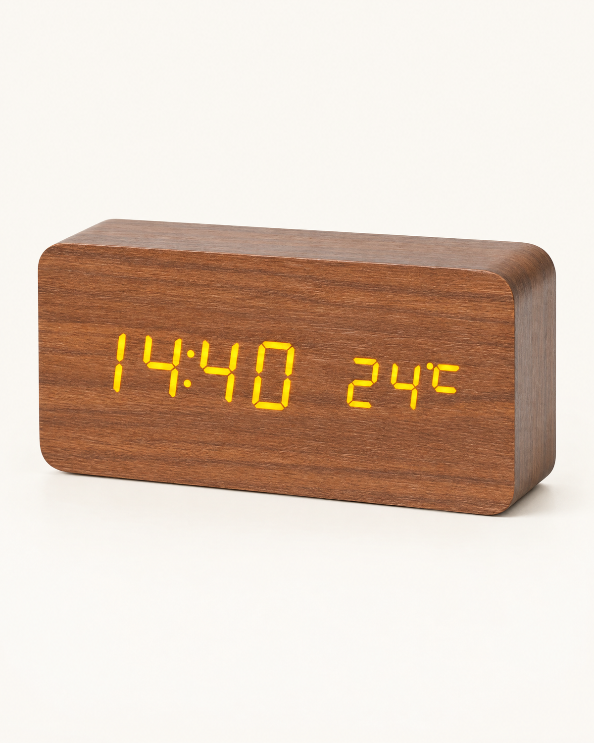Wood-Look LED Alarm Clock — Brown, front view