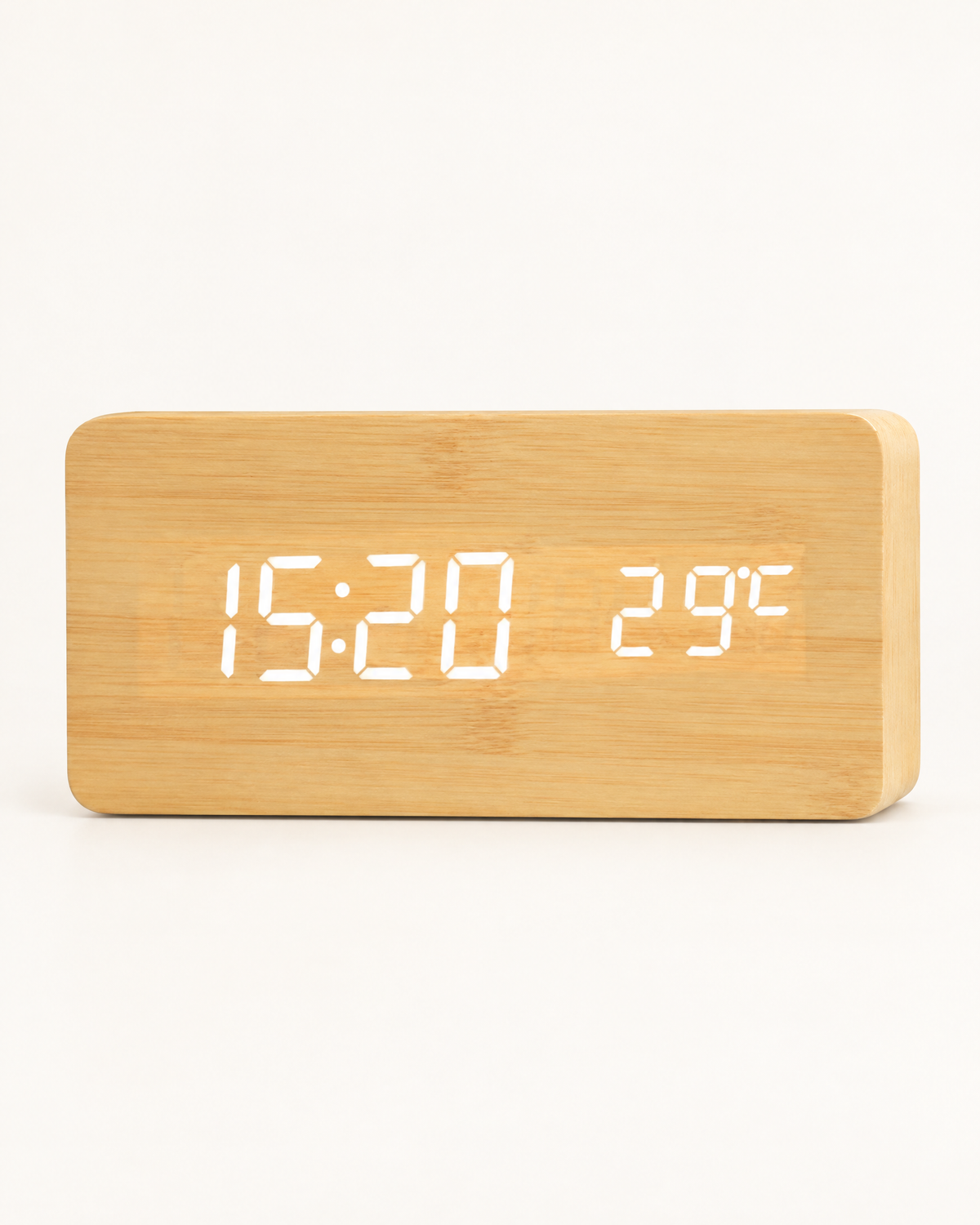 Wood-Look LED Alarm Clock — Bamboo, front view