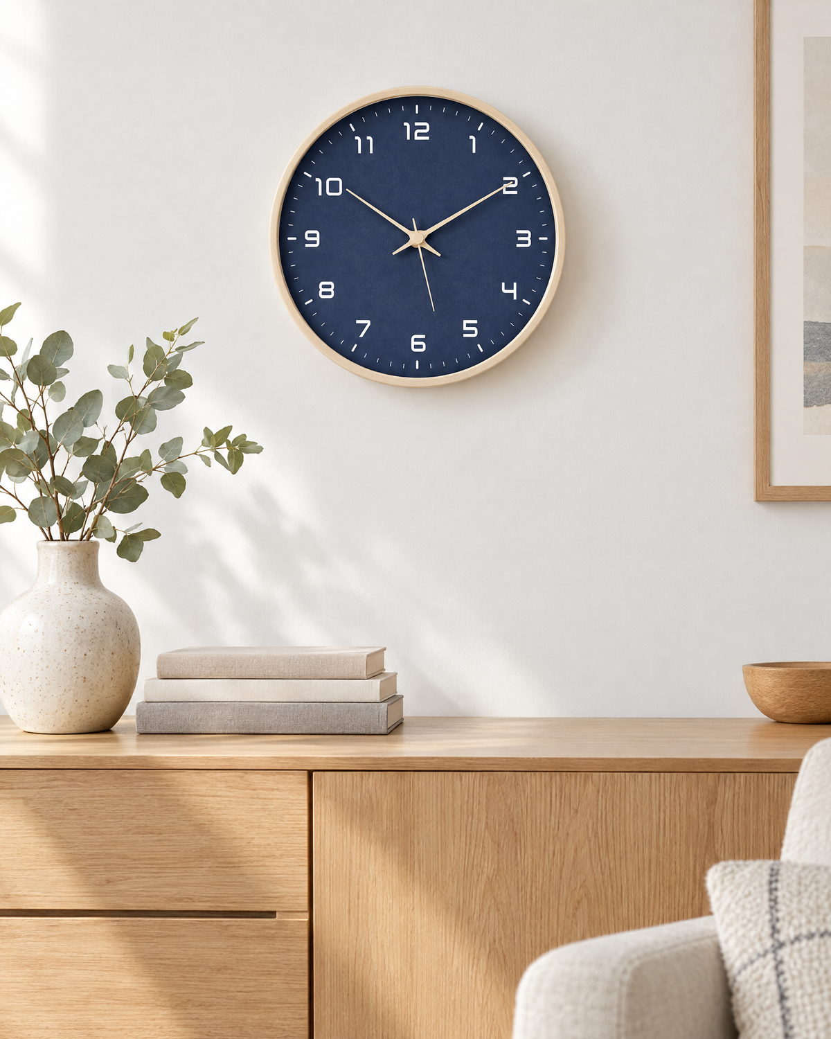 Blue Nordic Wooden Wall Clock — living room setting