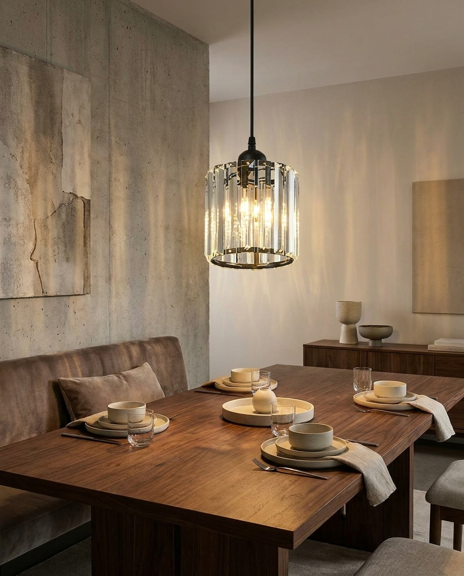 K9 crystal pendant light with energy-efficient LED over a dining table