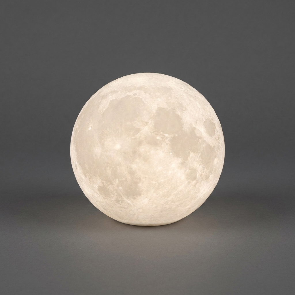 LED moon table lamp glowing on a plain background