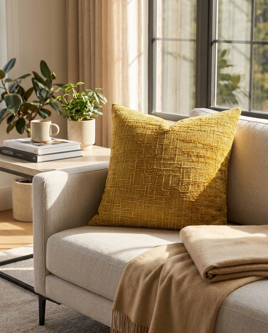 Luxurious chenille throw pillow with bamboo texture on a modern living room sofa