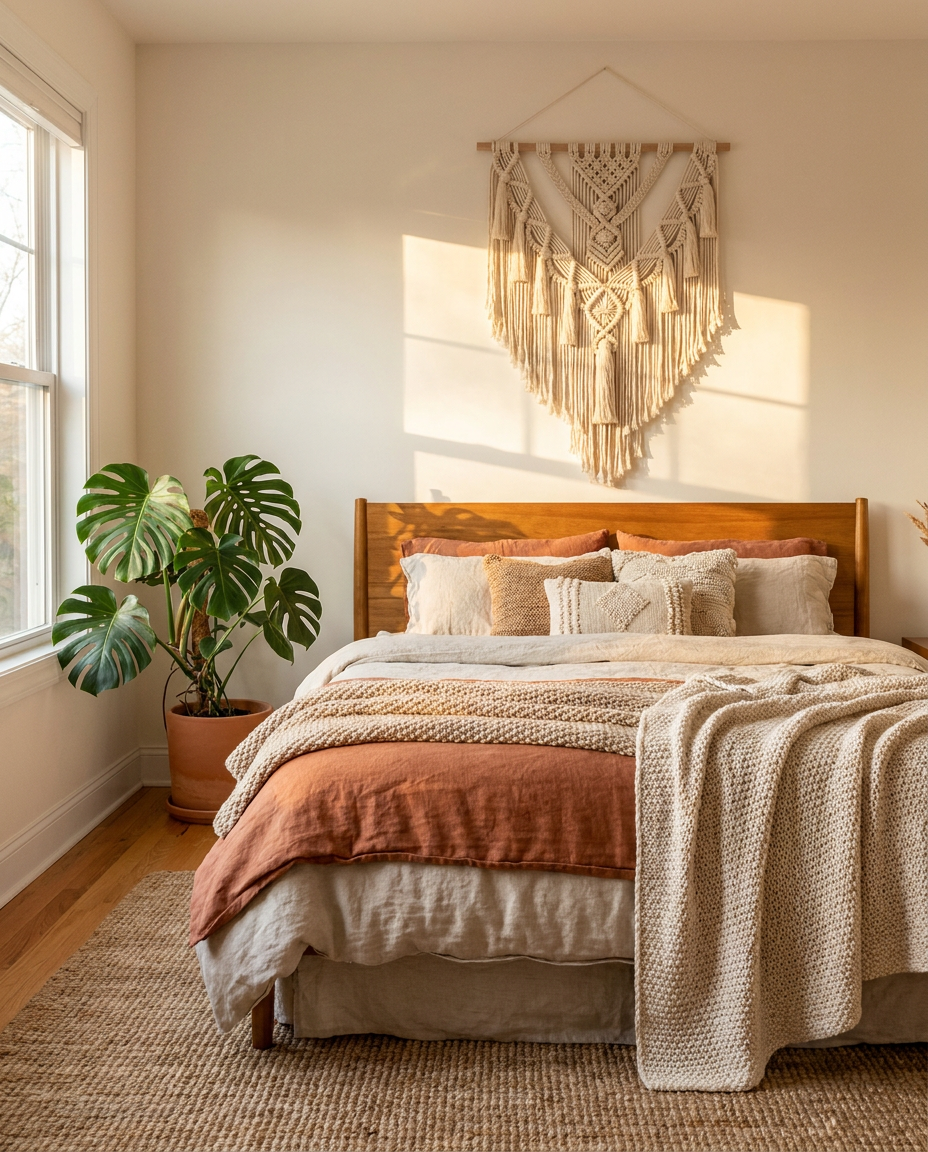 Macramé wall hanging styled above a bed in a warm boho bedroom