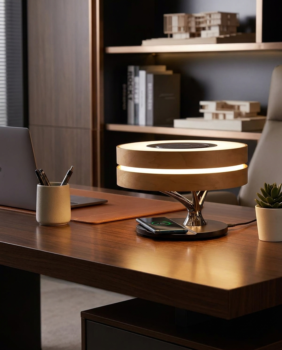 Modern table lamp with wireless charger on a sleek office desk