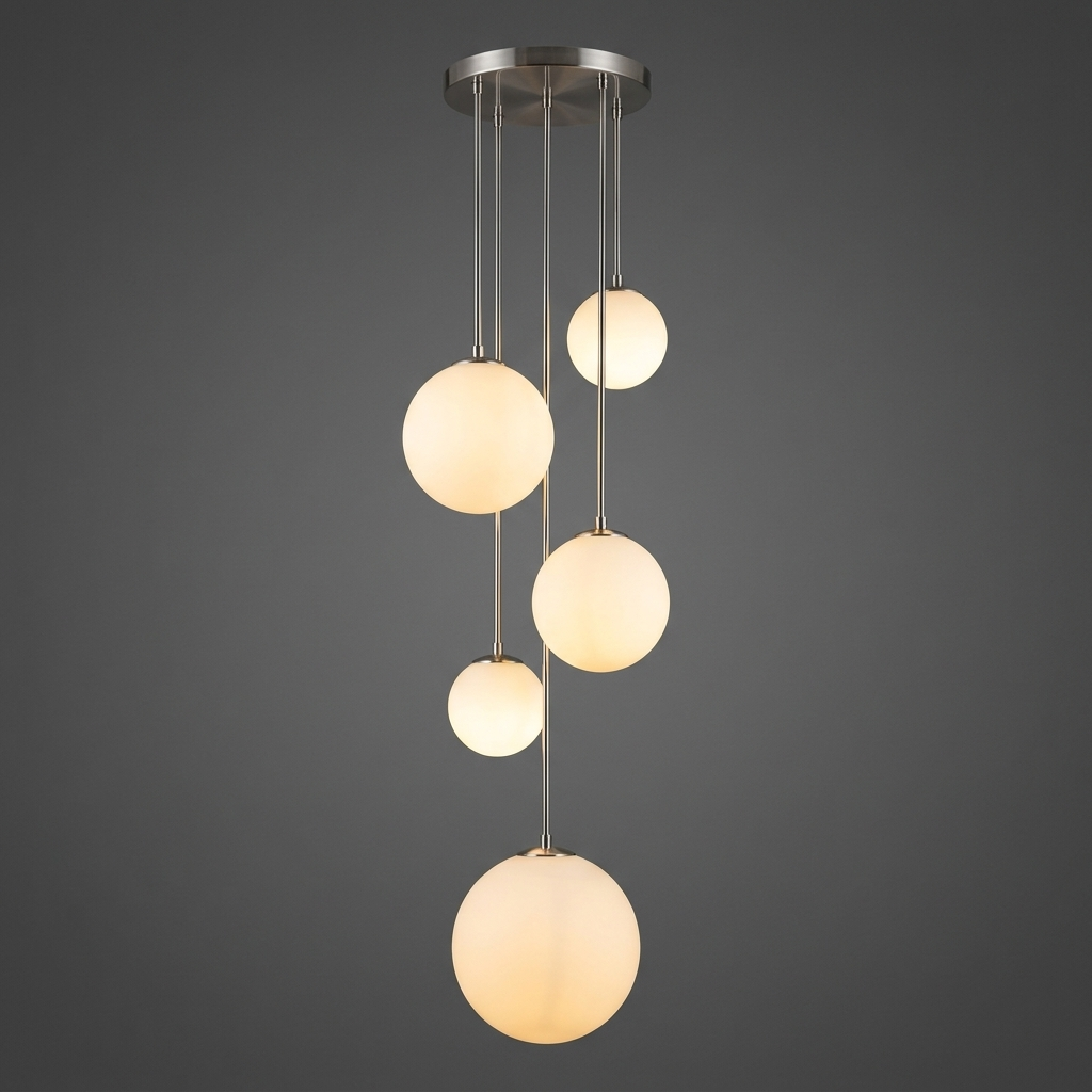 Multi-sphere acrylic chandelier on a plain background