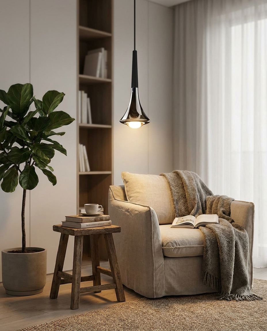 Nordic Water Drop LED Pendant Light above reading corner