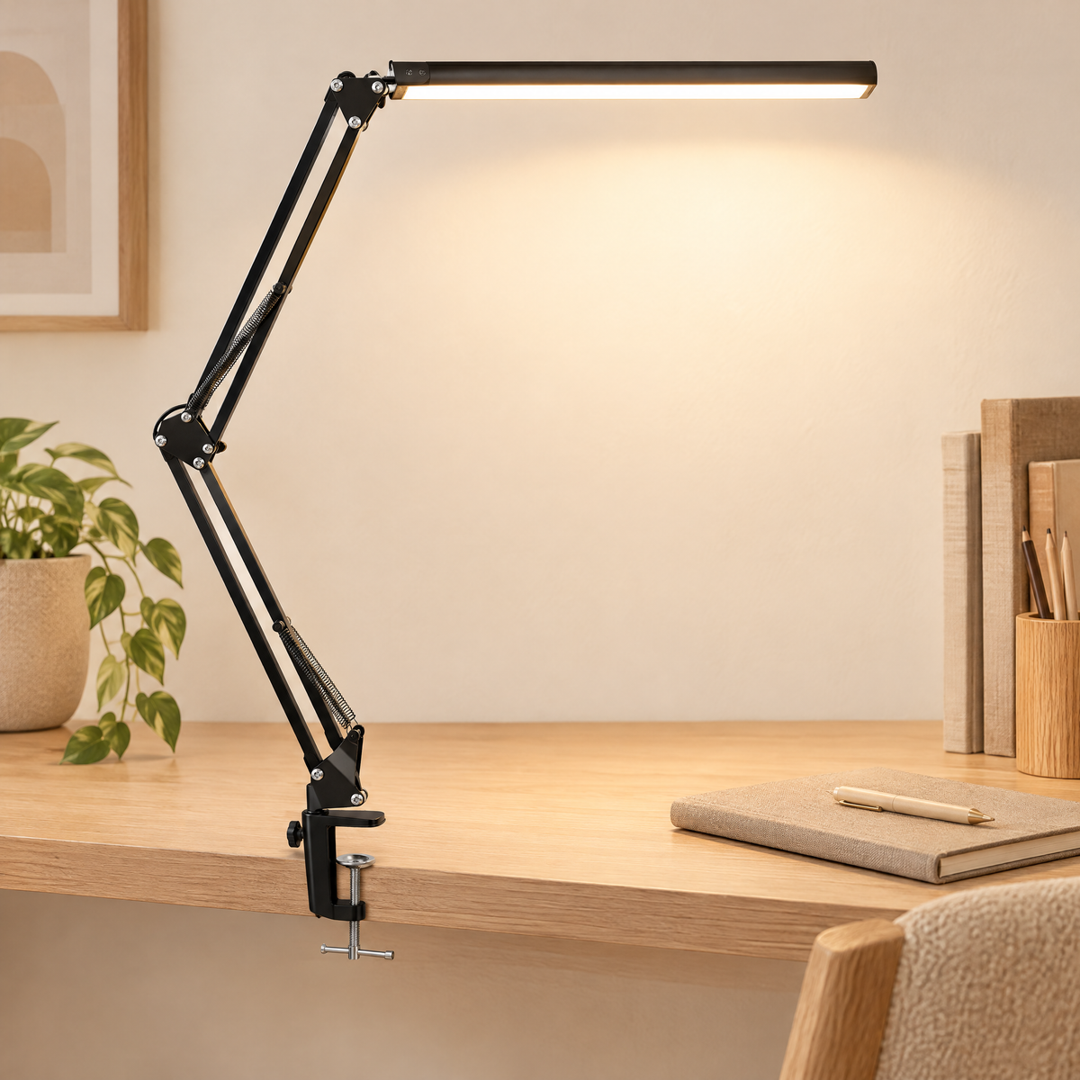 Swing arm LED desk lamp on a plain background