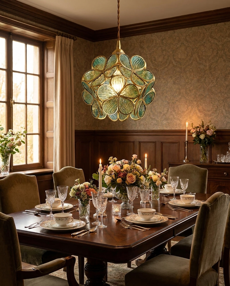 Vintage brass and glass flower pendant light over a dining table