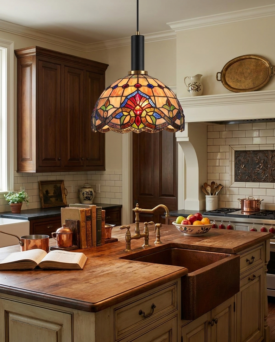 Vintage stained glass pendant light over a timeless elegant kitchen island