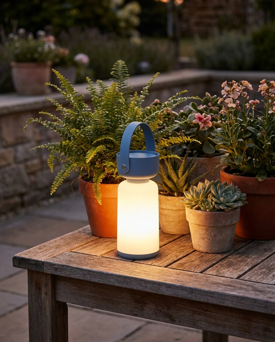 Waterproof portable LED table lamp glowing on an outdoor patio table