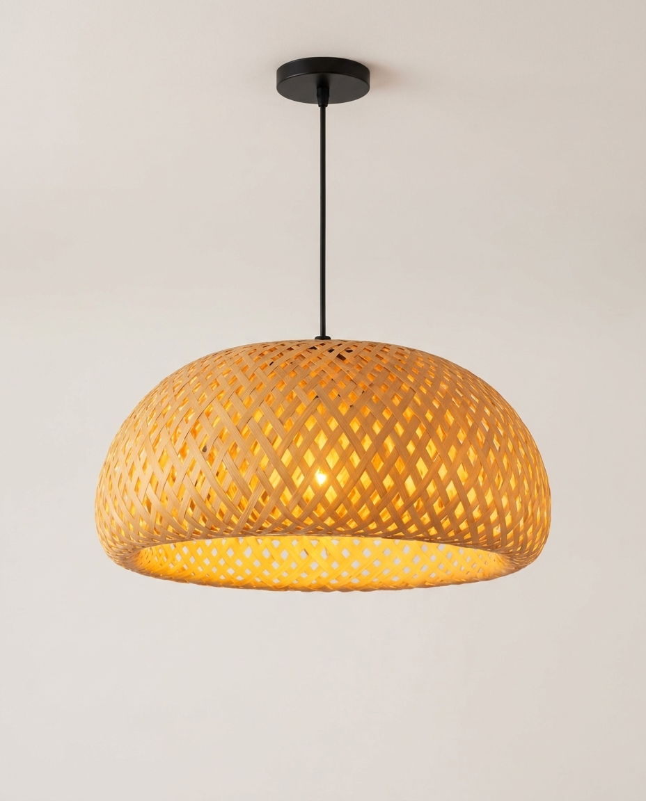 Woven bamboo pendant light on a plain background