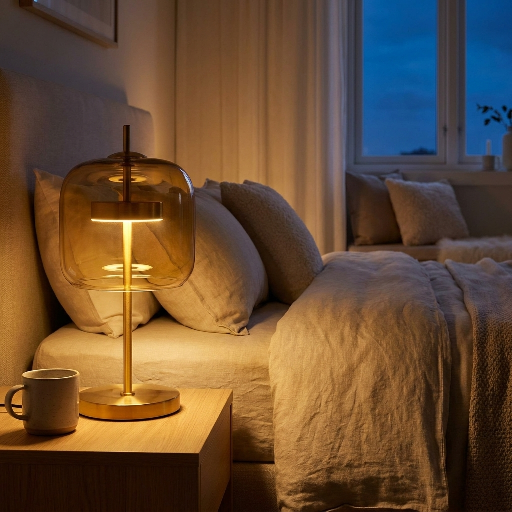 Amber stained glass lamp on bedside table
