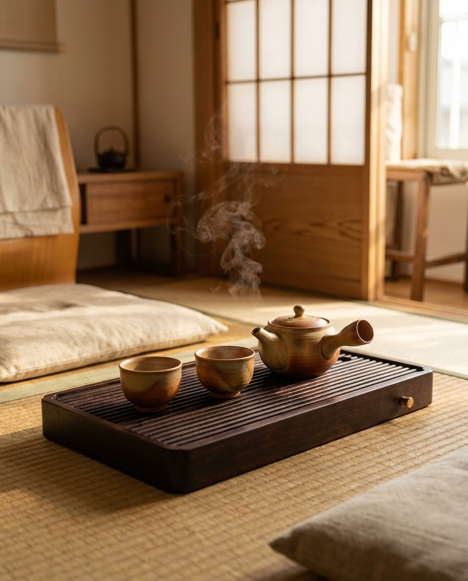 Bamboo tea tray styled for a Japanese-style tea ceremony