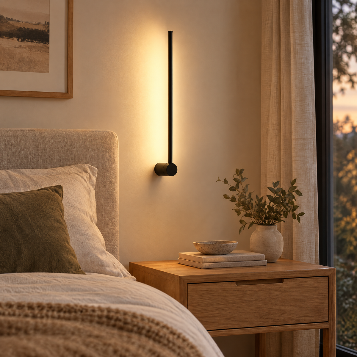 Black linear LED wall light above a bedside table