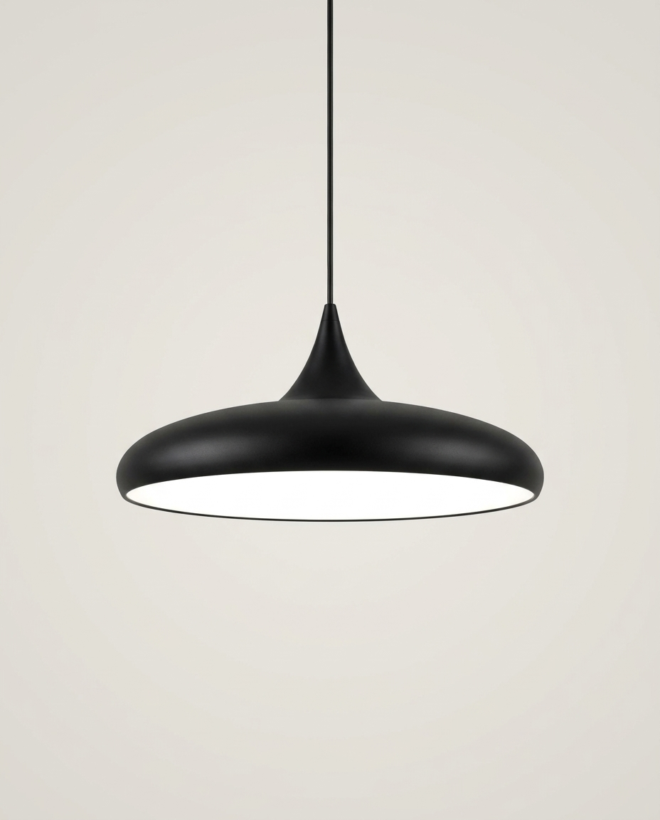 Black UFO-design pendant light on a clean light neutral studio background