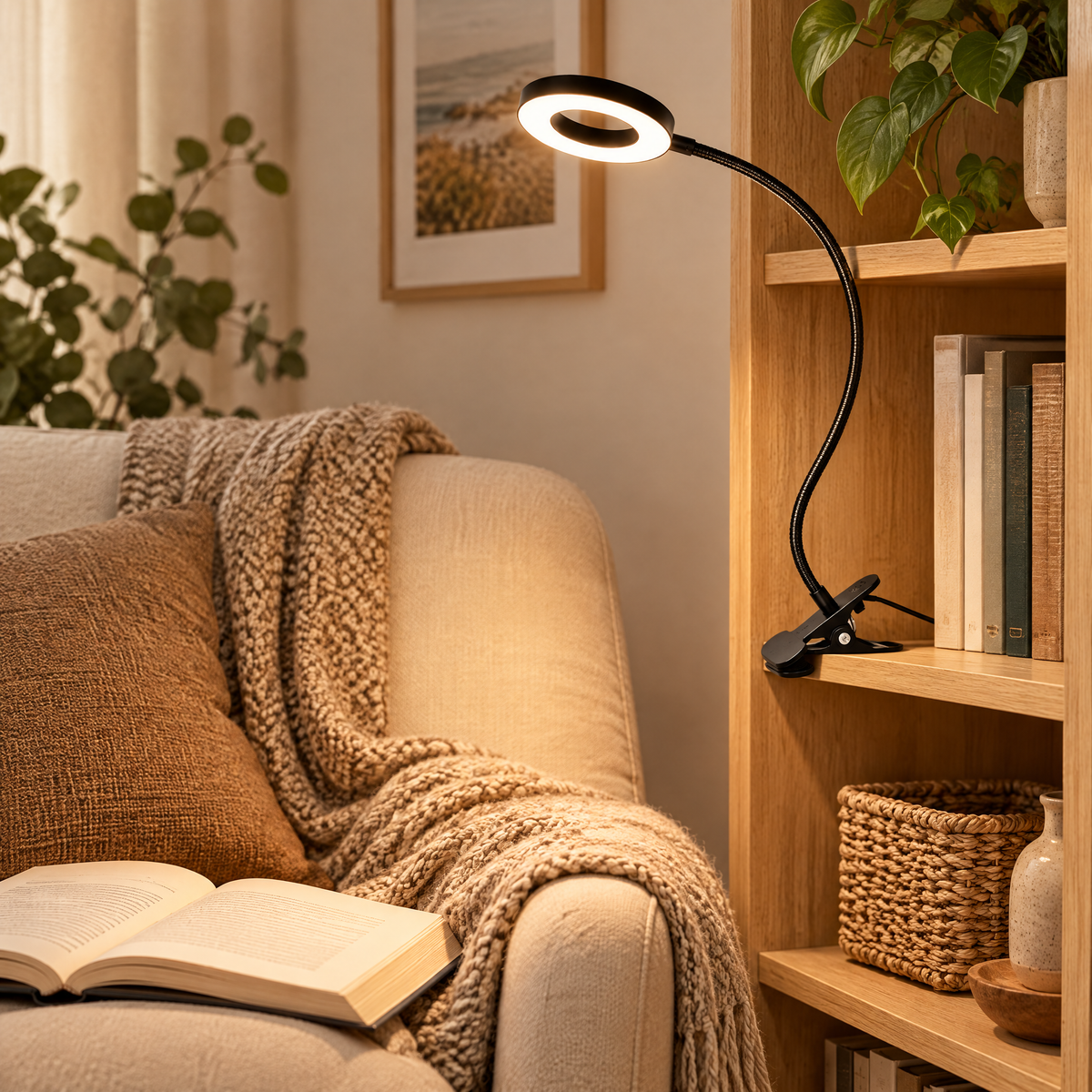 Clip-on gooseneck reading lamp on a home desk