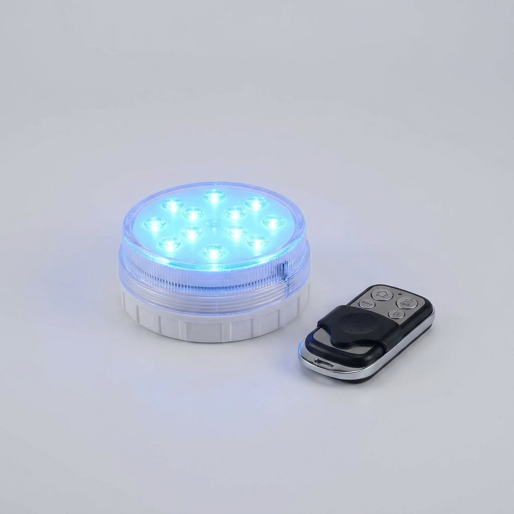 Colour-changing LED pool light with remote on a plain background