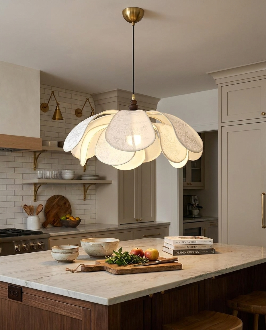 Floral pendant light with adjustable height over a stylish kitchen island