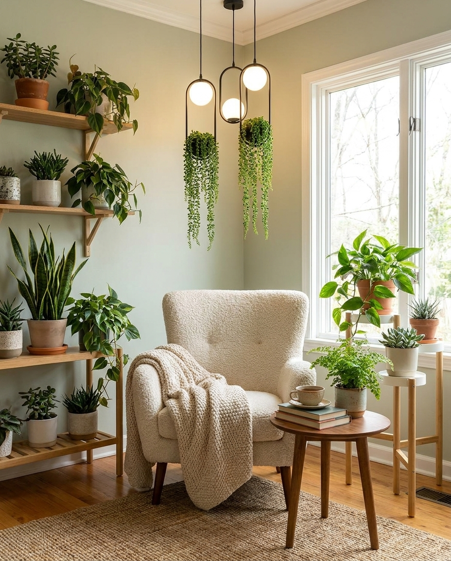 Glass pendant light with plant holder hanging above a plant-filled reading corner