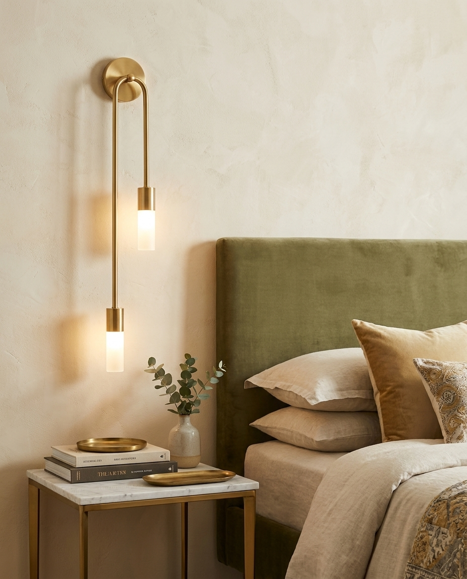 Gold-finish wall sconce with double frosted glass cylinders beside a bed