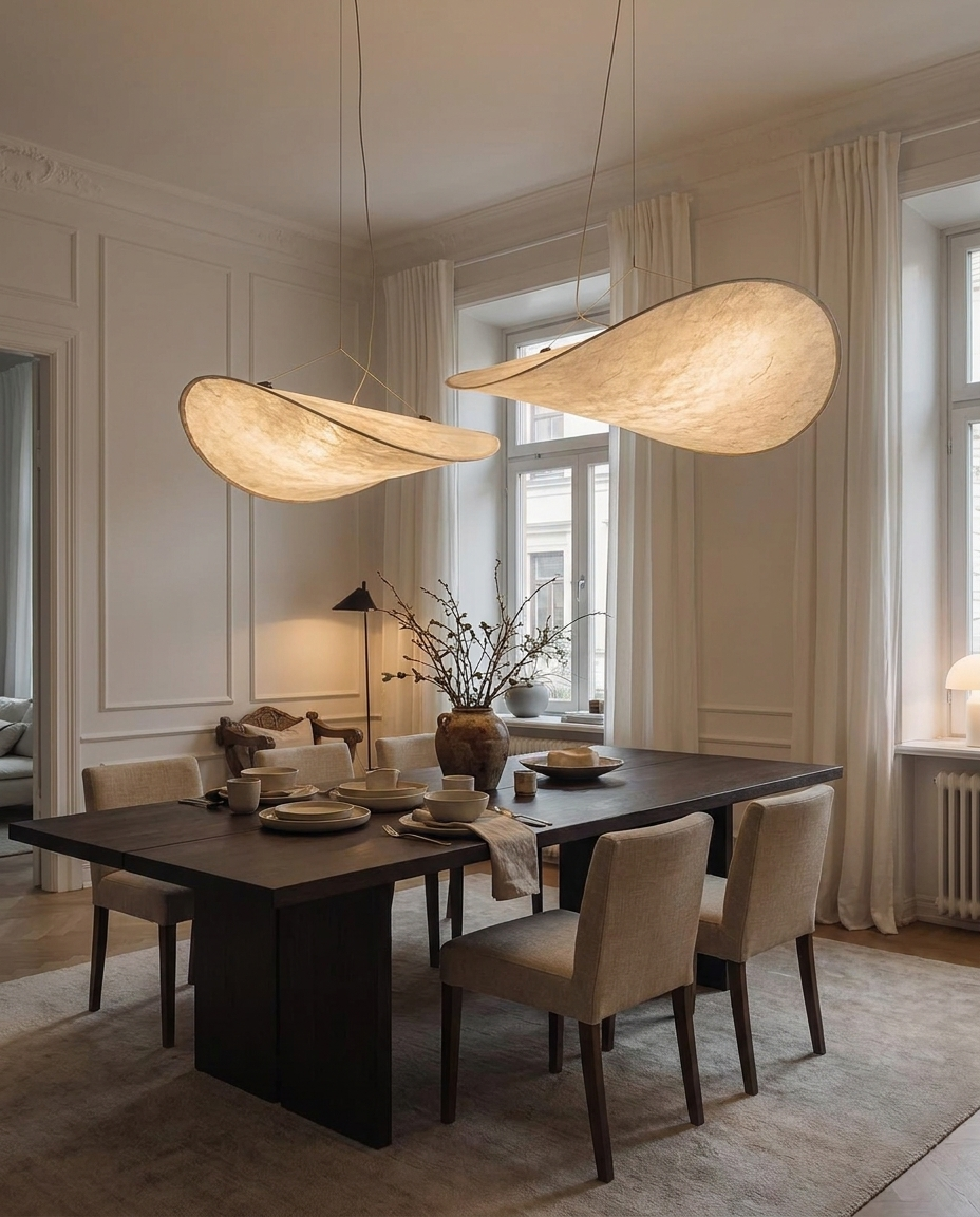 Handcrafted silk pendant light with unique design over an elegant dining area
