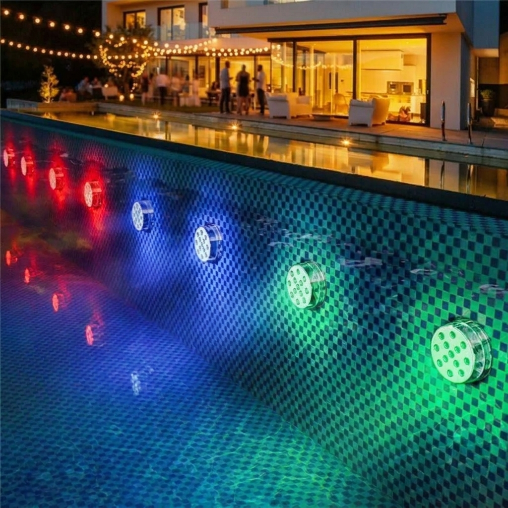 Multiple lights glowing in a backyard pool party