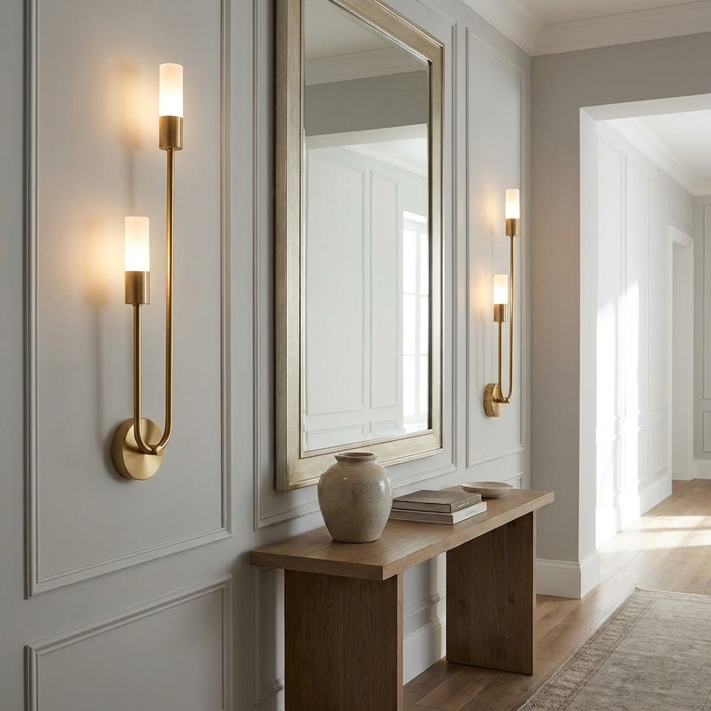 Pair of sconces beside hallway mirror
