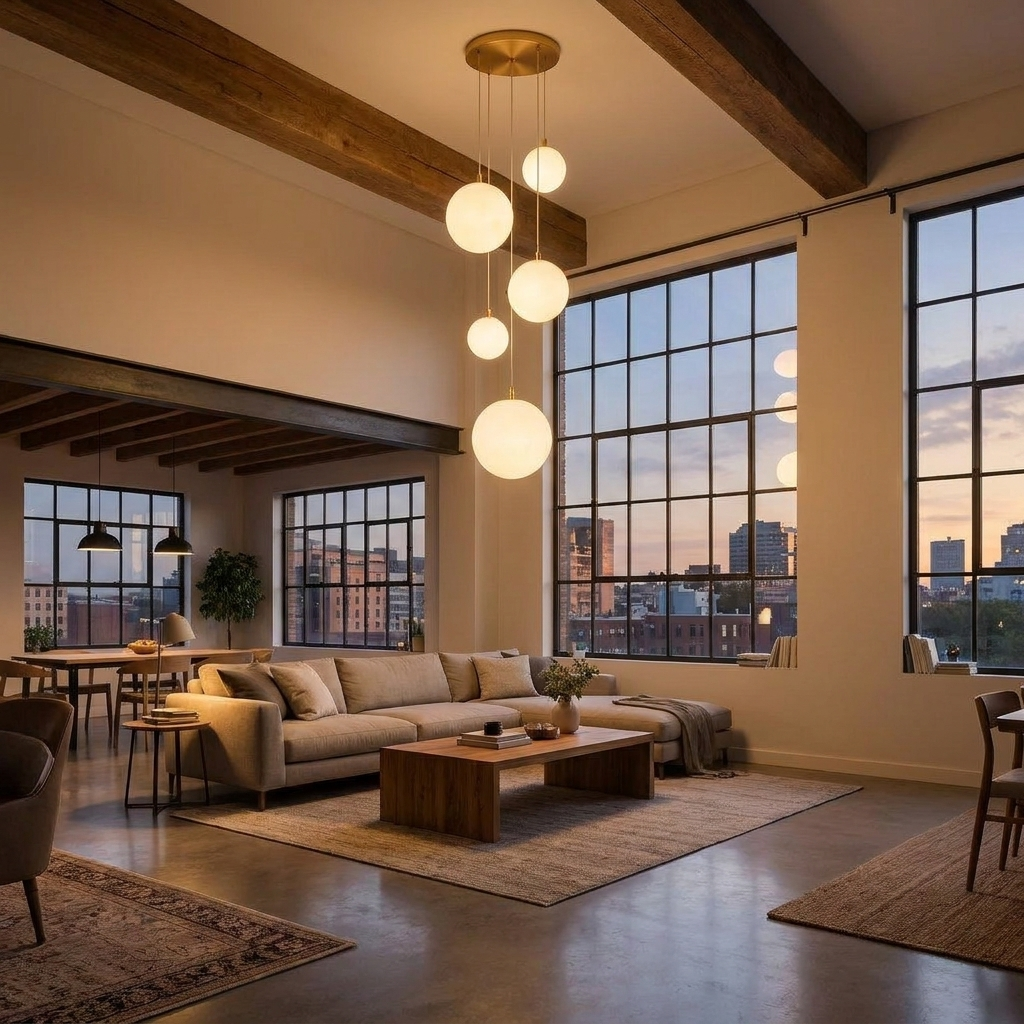 Chandelier in modern loft apartment