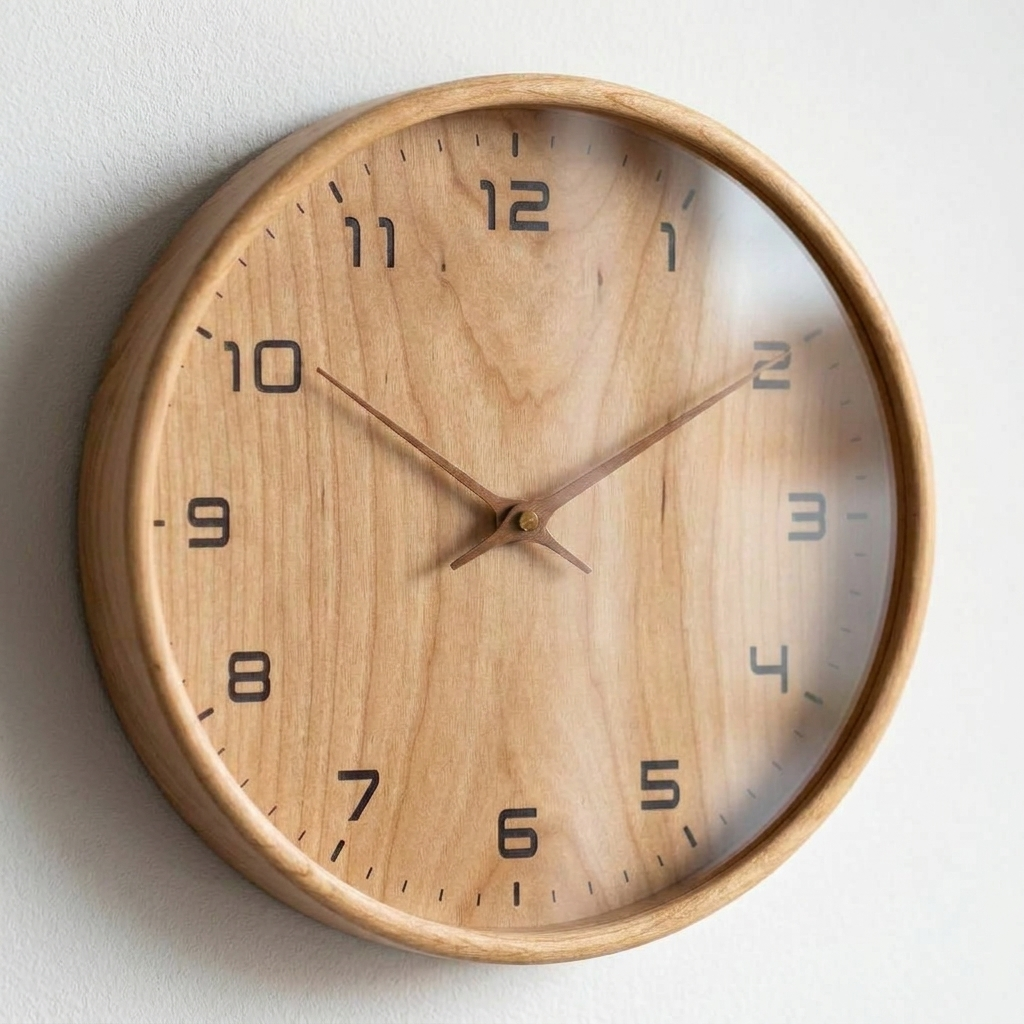 Close-up detail of wooden wall clock face and grain texture