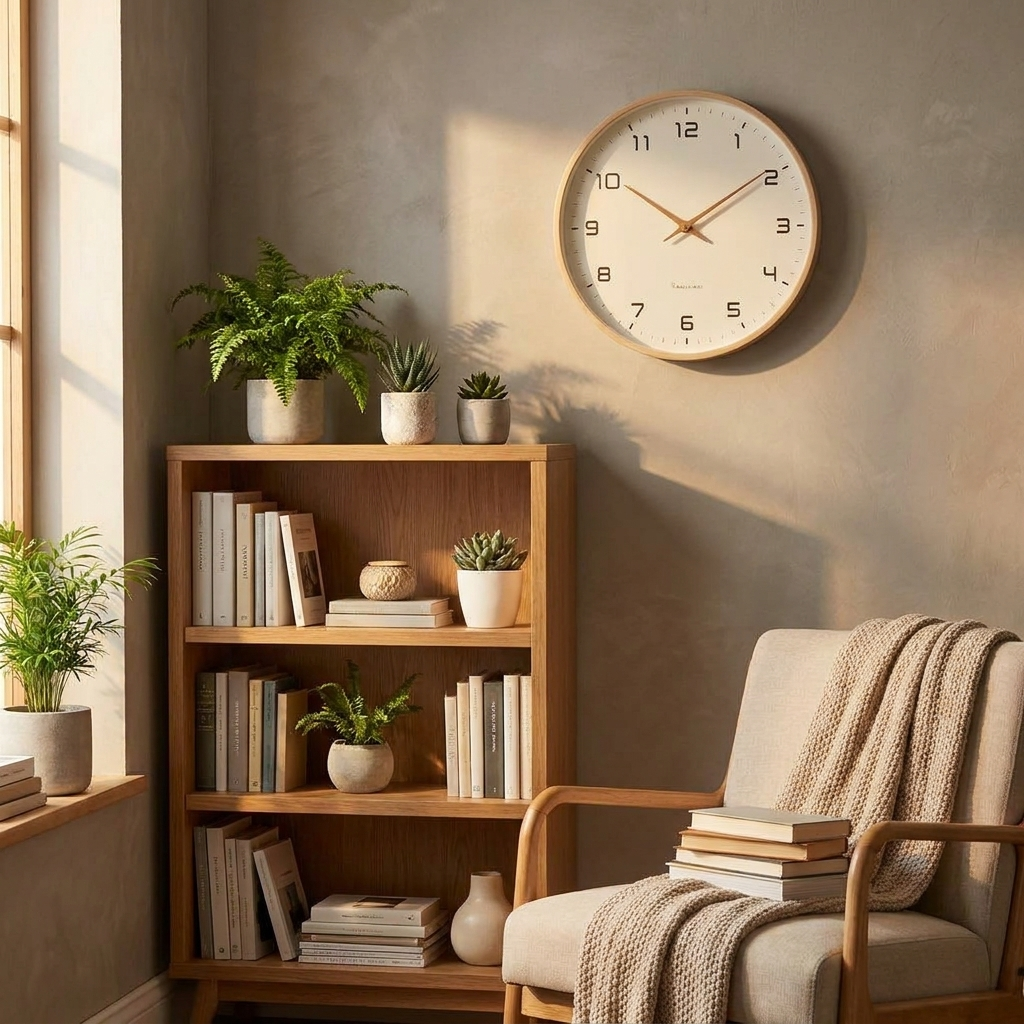 Wooden wall clock in a cozy reading nook with bookshelf