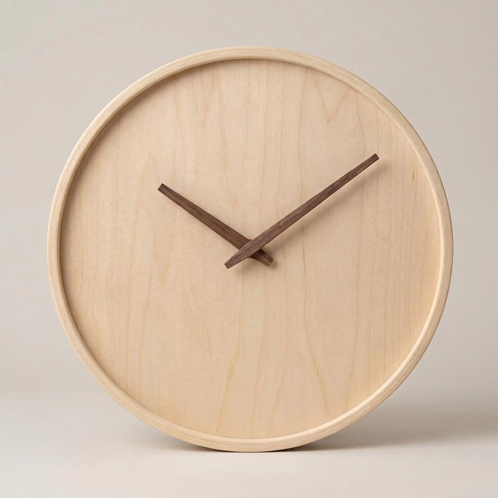 Minimalist all-wood wall clock, clean hero shot