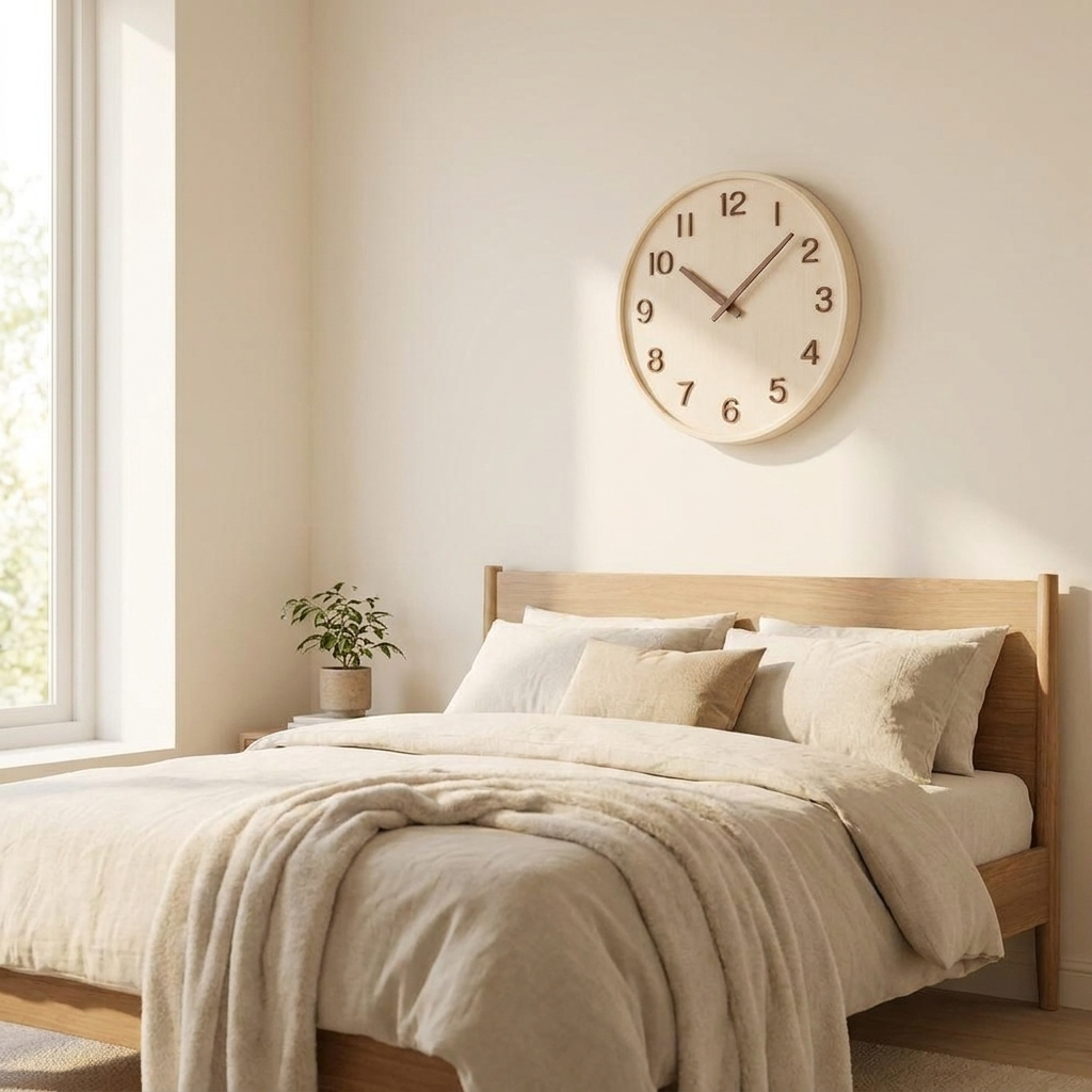 Minimalist wooden wall clock above a bed in a calm bedroom