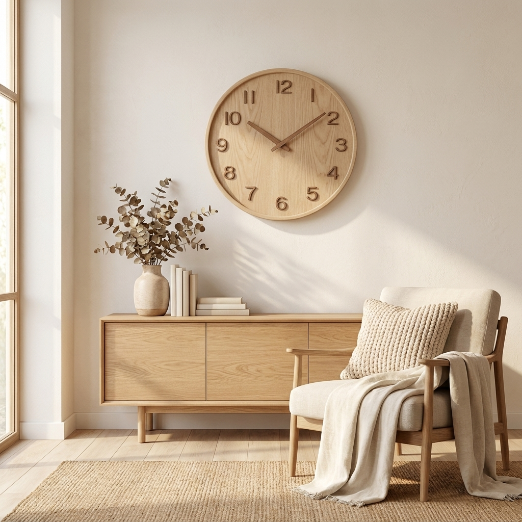Minimalist wooden wall clock in a Japandi-style living room