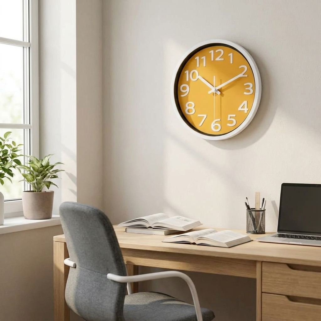 Yellow-dial wall clock in a modern classroom or study room