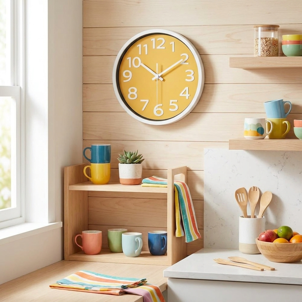 Yellow-dial wall clock in a bright Scandinavian kitchen