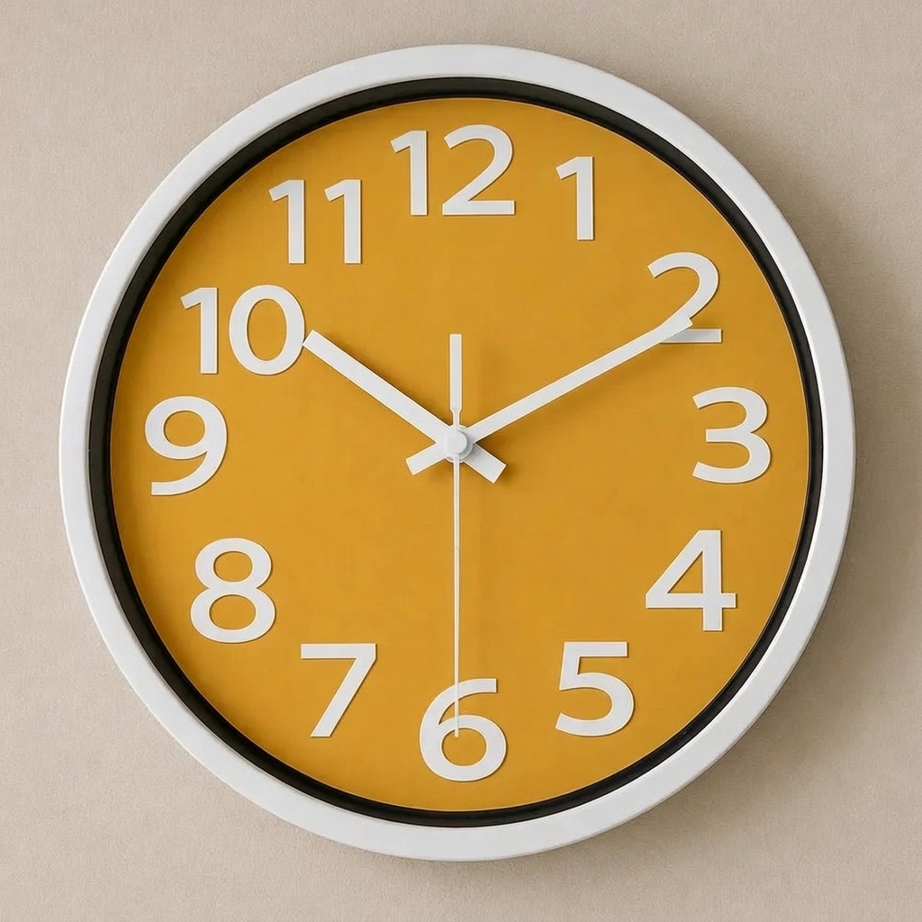 Yellow-dial wall clock with bold 3D numerals, clean hero shot