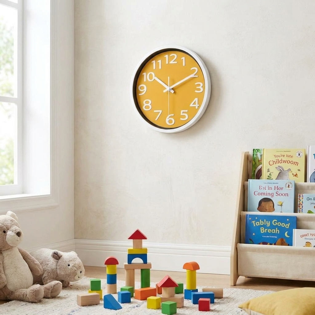 Yellow-dial wall clock in a cheerful kids' playroom