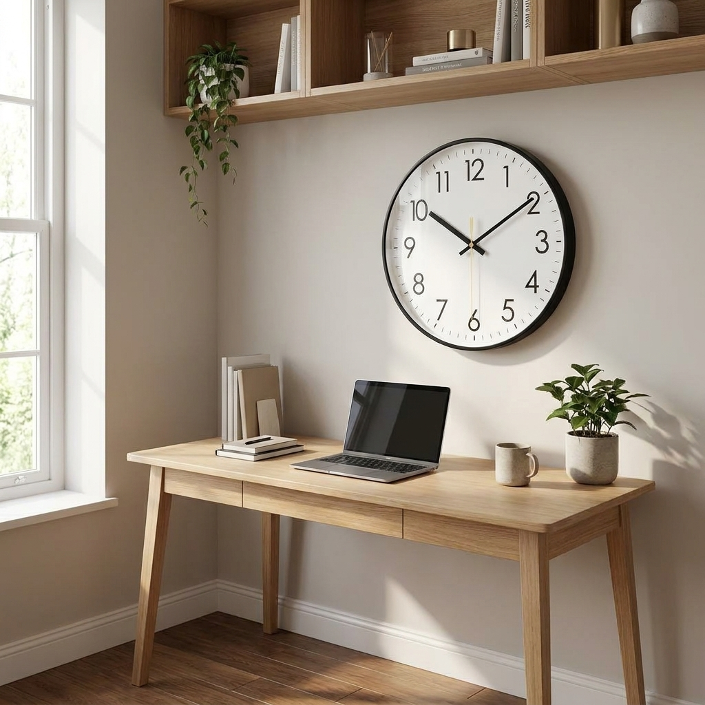 Minimalist Nordic wall clock in a serene home office