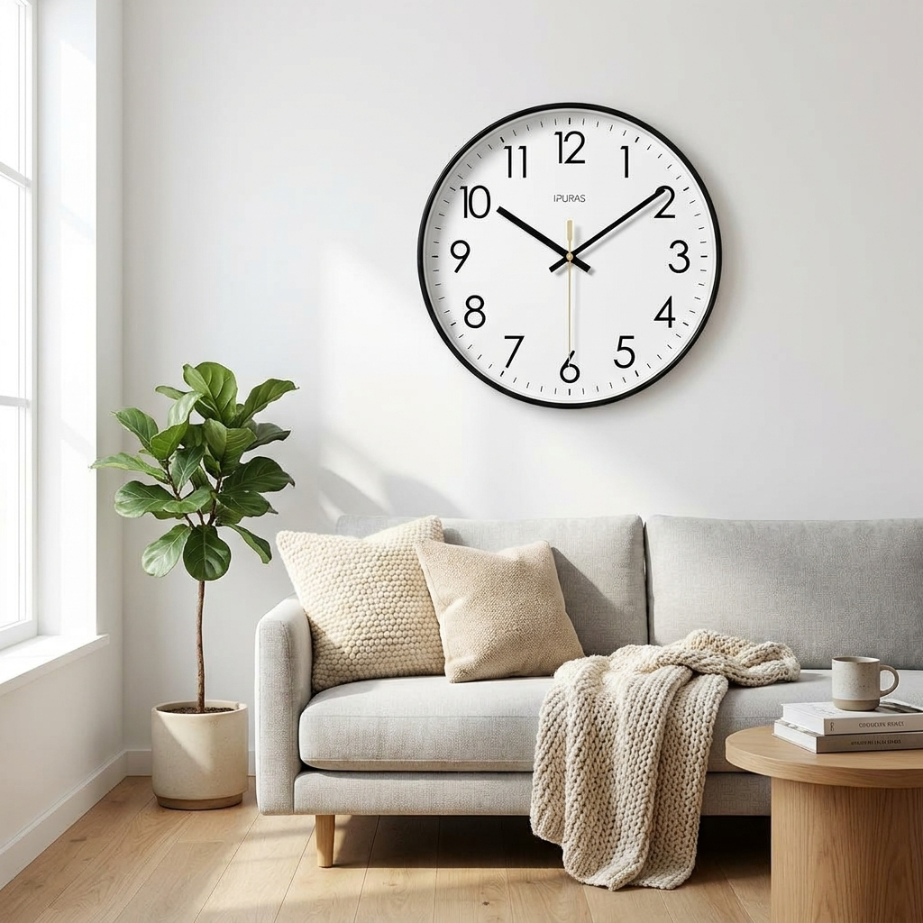 Minimalist Nordic wall clock above a sofa in a Scandinavian living room
