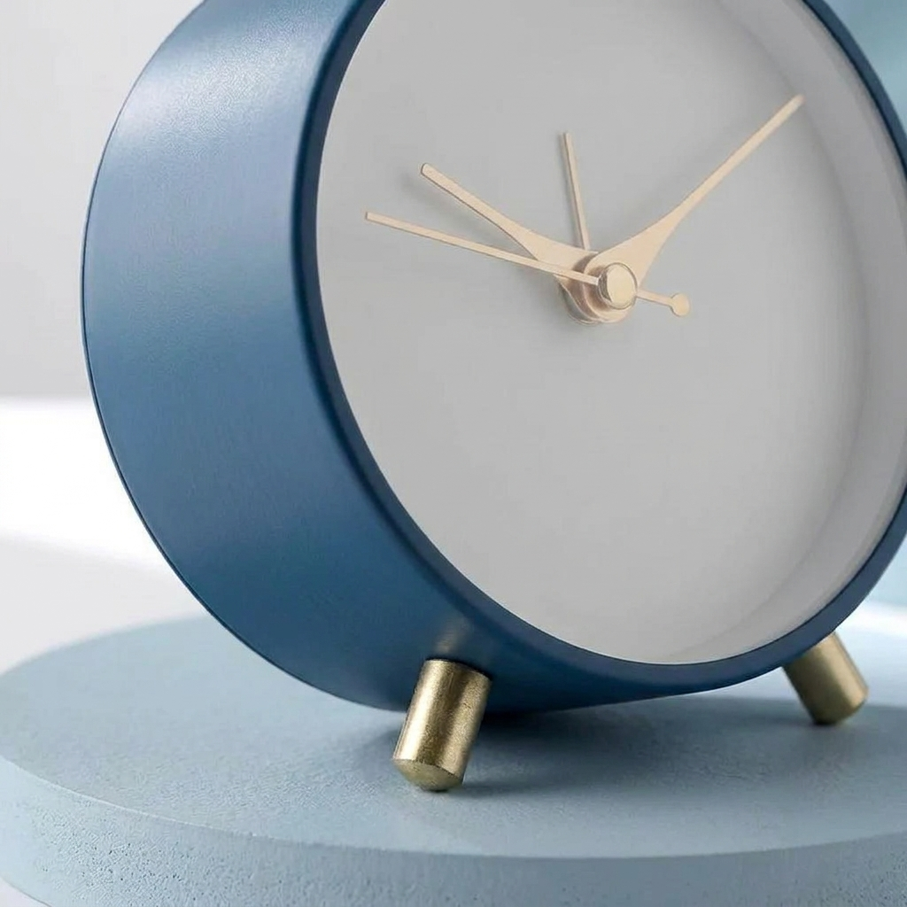 Close-up detail of Scandinavian table clock body and glass
