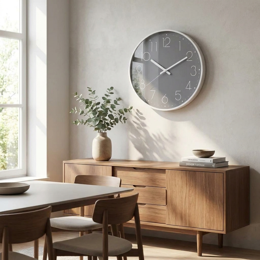 Nordic minimalist wall clock in a modern dining room